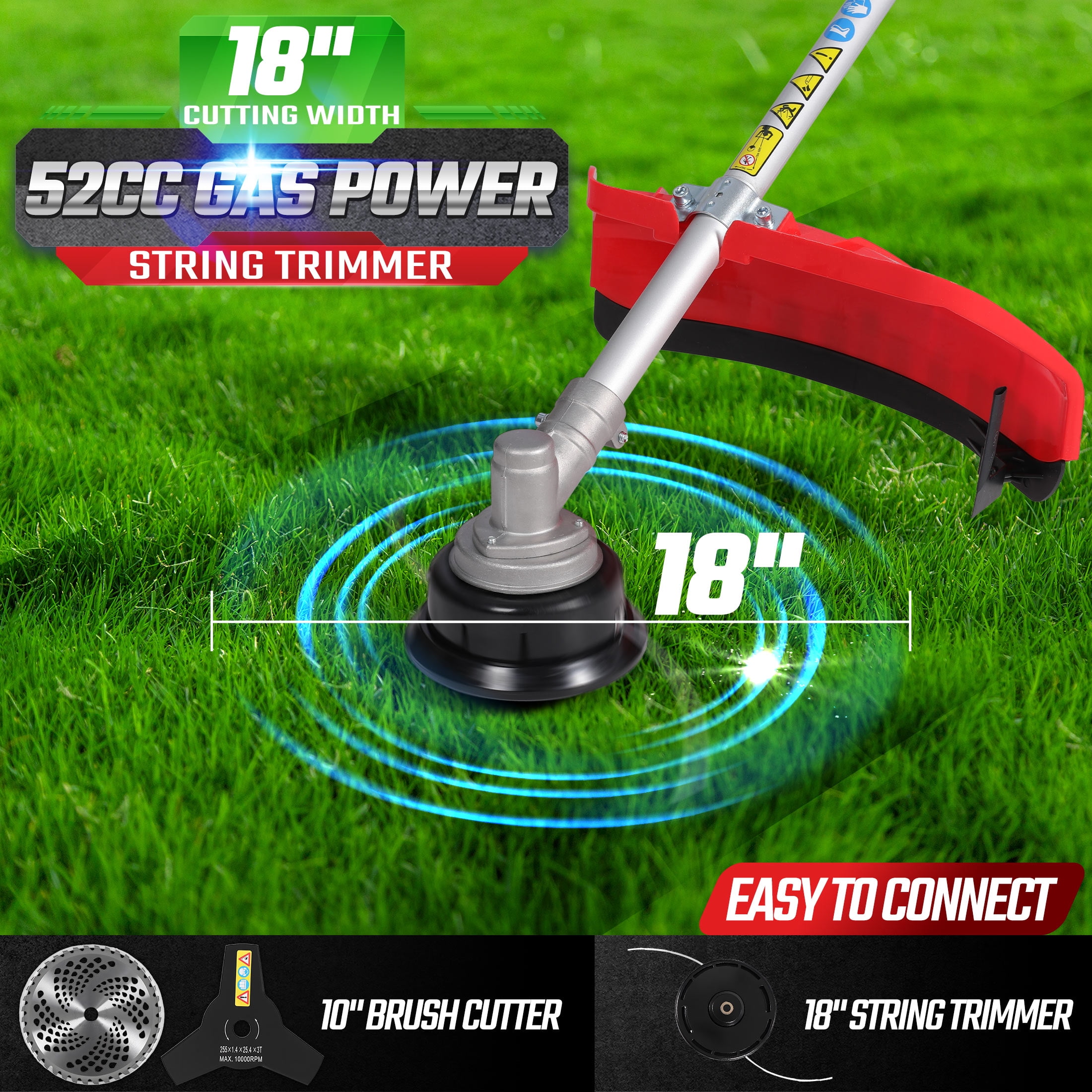 52cc 2-Cycle Weed Wacker Gas Powered, 3-in-1 Gas String Trimmer/Edger, 3T/40T
Brush Cutter 10", Powerful Gas Weed Trimmer for Lawn Care, 18" Cutting Path
Grass Trimmer with Shoulder Strap