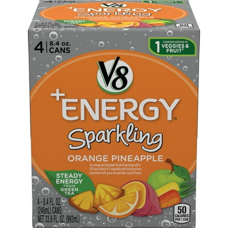(24 Cans) V8 +Energy Sparkling Orange Pineapple, 8.4