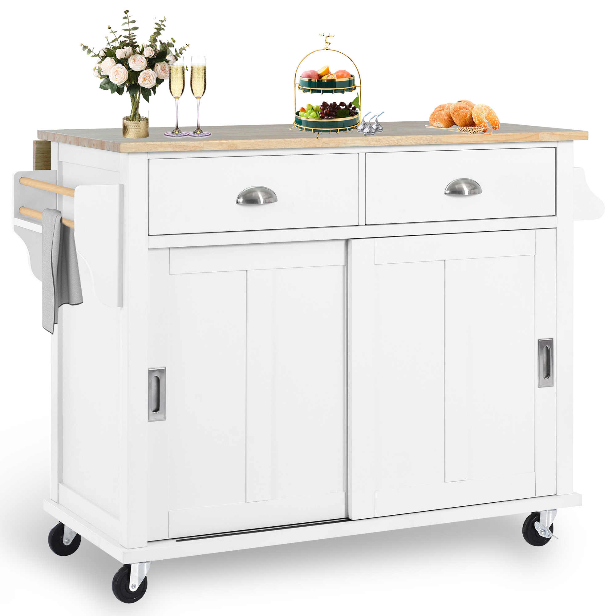 52 inch,Portable Kitchen Island with Drop Leaf ,Large storage and Sliding Barn Door,White