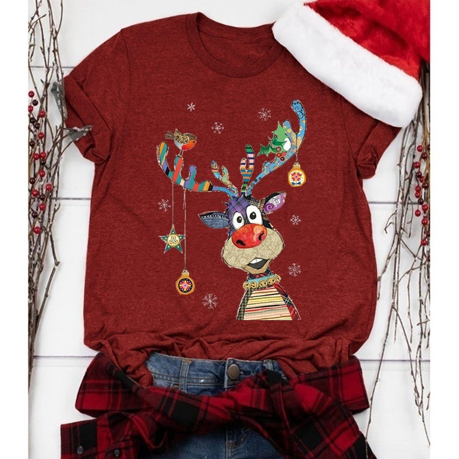 Pingtr Women Shirts Christmas Graphic 3D Elk Print T-Shirt Long Sleeve Loose Xmas Sweatshirts Casual Plus Size Blouse 