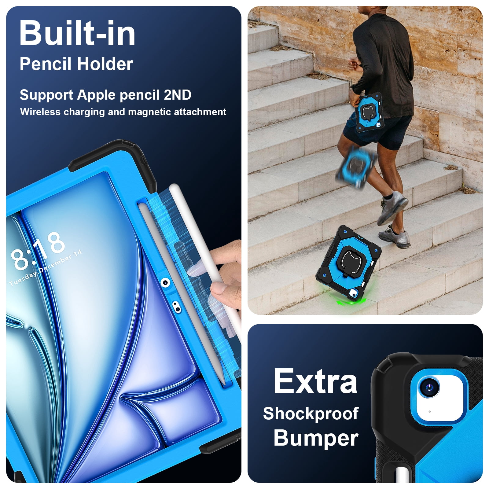 Dteck with Pencil Holder Case for iPad Air 13 inch 2025/2024,Heavy Duty Silicone Case 360 Degree Rotating Handle Stand Cover with Shoulder Strap for iPad Air 13-in. M3/M2,Black+Blue