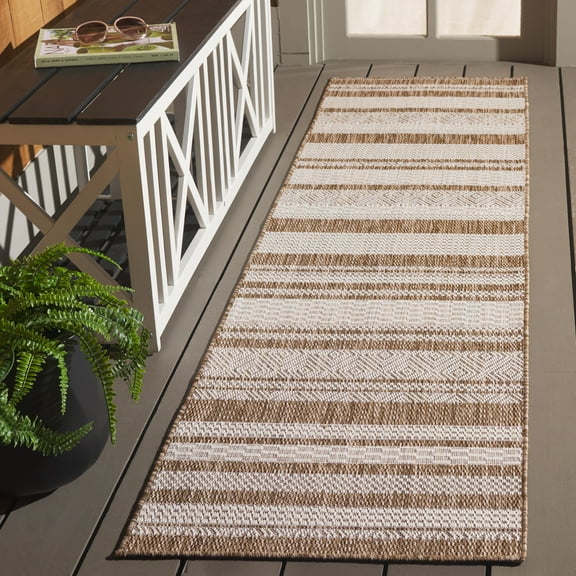 SAFAVIEH Beach House Merrilyn Striped Indoor/Outdoor Runner Rug, Brown/Ivory, 2' x 8'