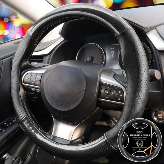 XUKEY Car Steering Wheel Cover Carbon Fiber Leather Non-Slip Universal Fit 14.5‘’-15"