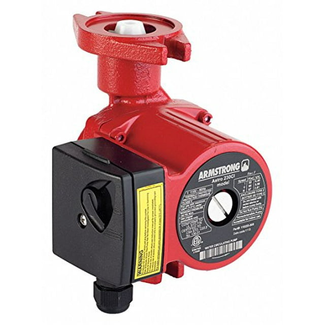 Armstrong Pumps 110223-305 Armstrong Astro 230Ci 1/25 Hp Circulator Pump shown in a front-facing view. The pump features a red housing with a black control panel and universal flange-to-flange design. It is designed for circulating water in closed hydronic or solar heating systems, offering efficient and quiet operation with a 3-speed setting. The pump eliminates the need for mechanical seals or lubrication, ensuring low maintenance. Manufacturer part number 110223-305.