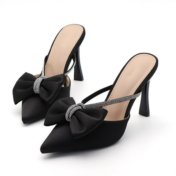 Women's Rhinestone Bow Satin Stiletto Slip On Mules Closed Pointed Toe Backless Kitten Heels Pumps Sandals Fashion Dress Party Prom Shoes