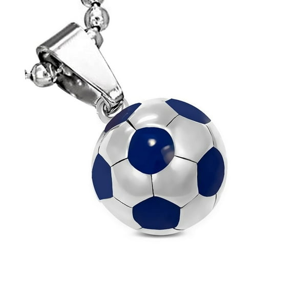 Stainless Steel Silver-Tone Blue Soccer Ball Football Charm Pendant Necklace, 18"