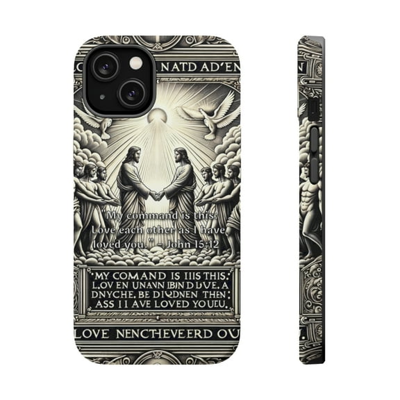 DistinctInk Tough Case for Apple iPhone 14 (6.1" Screen), Compatible with MagSafe Charging - "John 15:12 - Loving Others with Christ's Example"