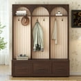 thumbnail image 2 of 74.8" H Arched Design Wooden Hall Tree, Entryway Bench with 8 Retro Hooks, Rustic Coat Rack & Shoe Organizer with 3 Drawers for Mudroom, Living Room, Hallway, Dark Walnut, 2 of 9