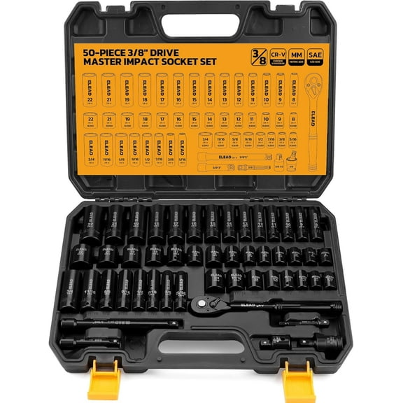 3/8'' Drive Impact Socket Set - 50-Piece Shallow & Deep Socket Set Metric and Standard Full with Universal Joint, Extension Bar, 1/2 to 3/8 Reducer, Hex Shank Socket Adapter, Ratchet Handle