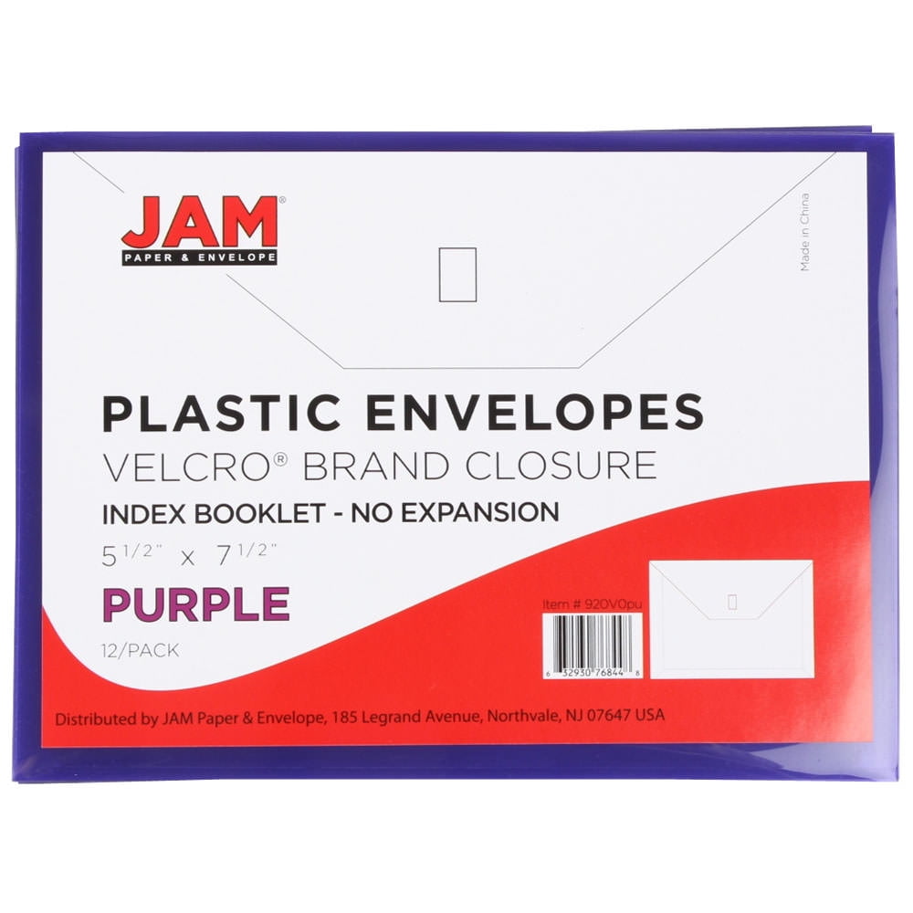JAM Paper Plastic Envelopes with Hook & Loop Closure, Index, 5 1/2 x 7 1/2, Purple, 3/Pack