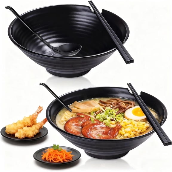Ramen Bowl Set with Chopsticks, Black Modern Design, Shatterproof Melamine, Dishwasher Safe, 2-Person