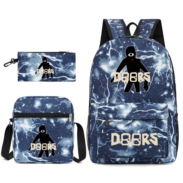 Doors Roblox mochila escolar de tres piezas estampada, transpirable, práctica, bolsa de lona de gran capacidad, aligeramiento de hombros con cremallera