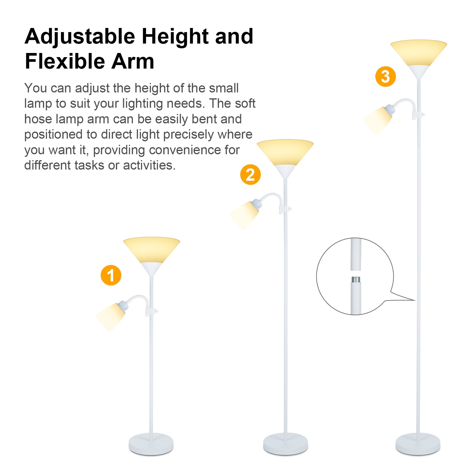 Adjustable Floor Lamp, 2 Head LED Torchiere Standing Lamp, Modern Dimmable Tall Reading Light with Bulbs for Living Room