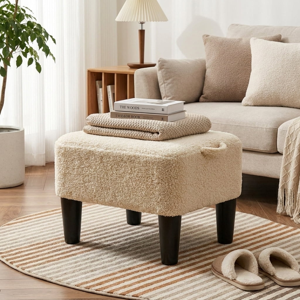 Ledrem Small Ottoman Foot Stool with Thick Cushion, Sand Teddy Fleece