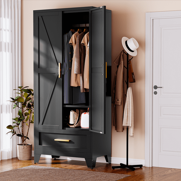 CHSHIN 71" Tall Farmhouse Style Metal Armoire Wardrobe Closet with Drawers,Metal Storage Cabinet for Bedroom,Black
