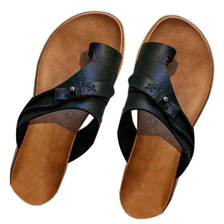 

lizyue 1 Pair Slip-on Open Toe Beach Sandals Faux Leather Retro Bohemian Clip-Toe Flat Slippers Walking Shoes