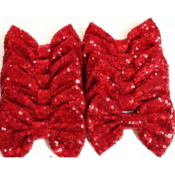 Set of 12 Red Sequin Bows 5 Inches Large Glitter Bows Wholesale Bows, DIY Fabric Hair Bows - No Clips