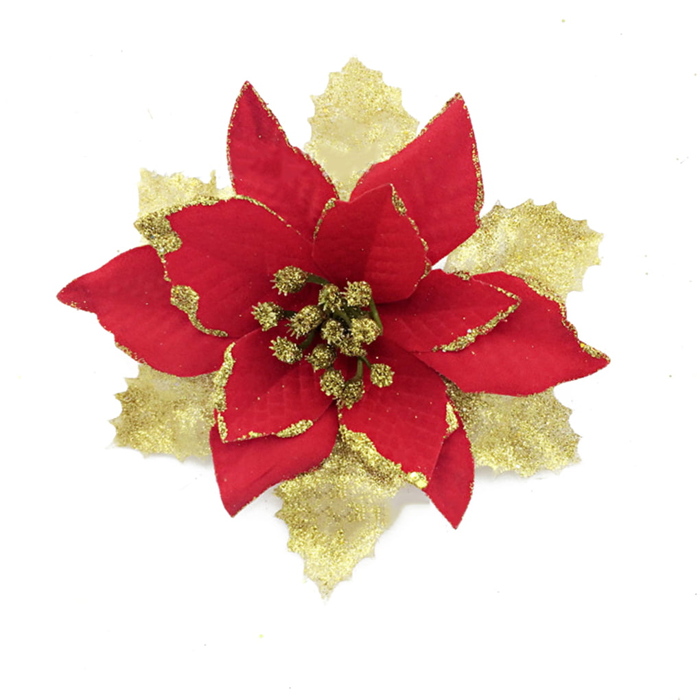 Artificial Fake Flowers Christmas Tree Decoration Poinsettia 1 Glitter Pc F7L6 
