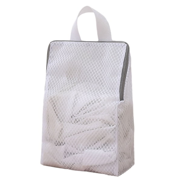 Bolsa de malla para lavar ropa interior, plegable, con asa y cremallera, ideal para viajes.