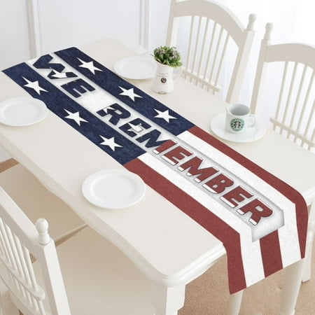 

MYPOP American Flag with We Remeber Table Runner Placemat 16x72 inches USA Veteran s Day Tablecloth for Office Kitchen Dining Wedding Party HomeDecor