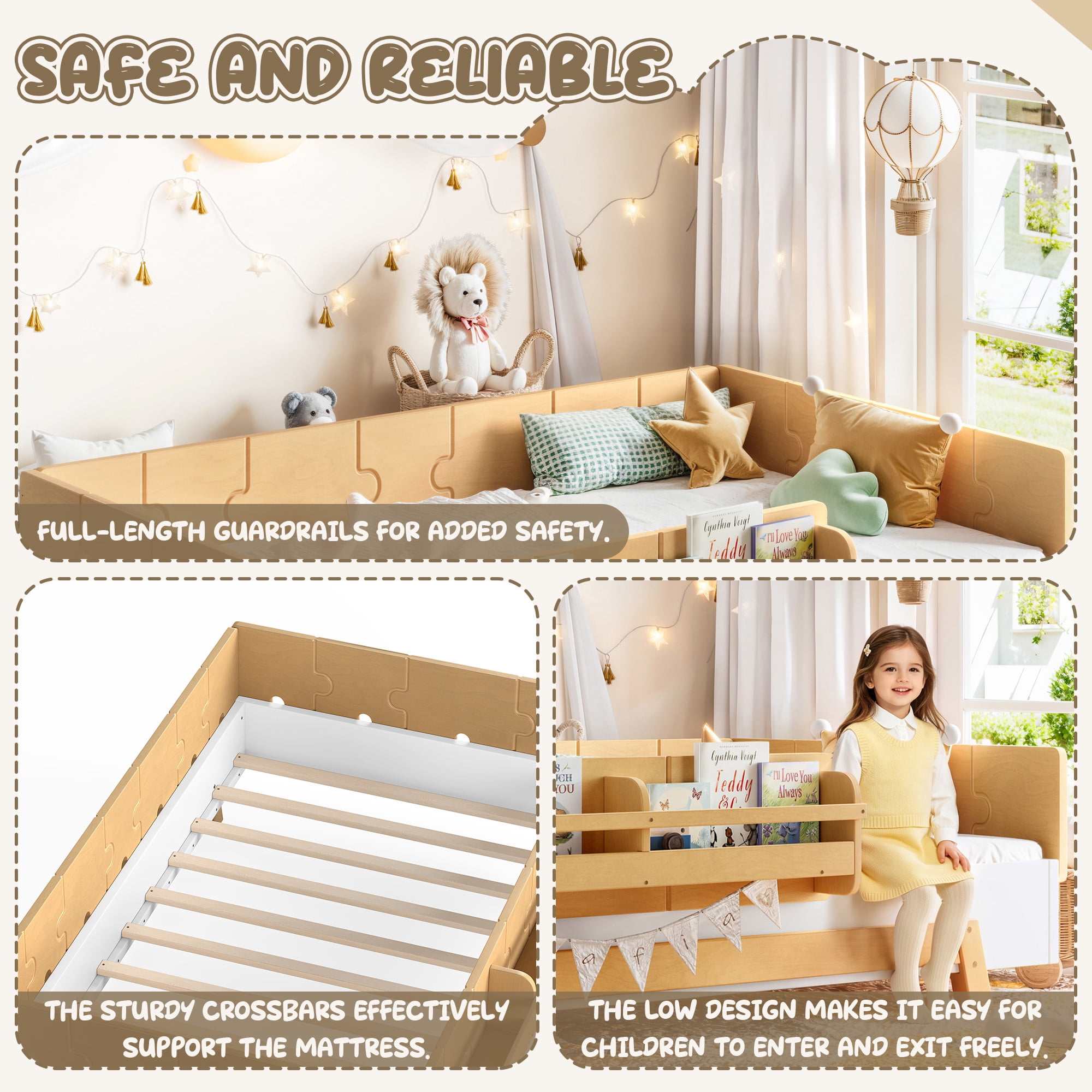 Mintazer Twin Size Montessori Floor Bed Frame, Kids Puzzle Block Design Platform Bed with Guardrails & Bookshelf for Bedroom, Natural & Beige