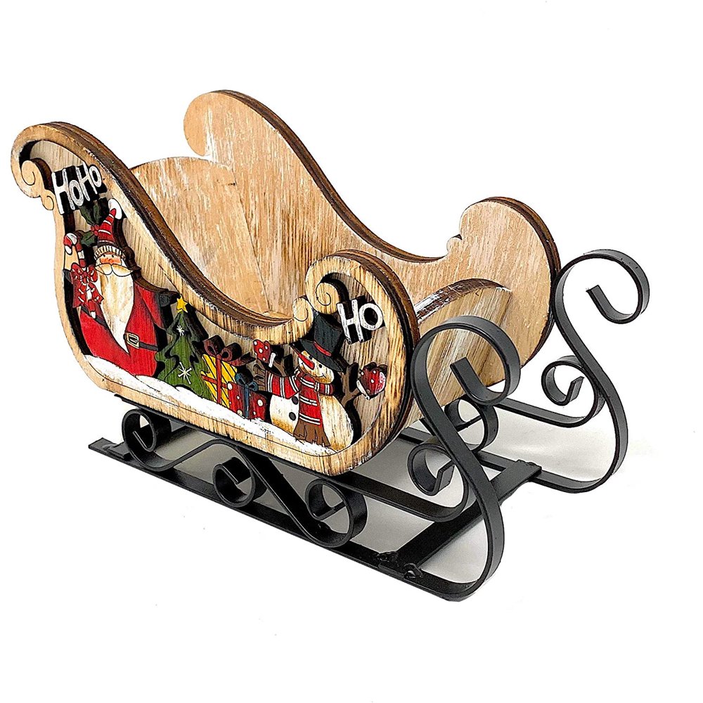 Christmas Sleigh Wood & Metal Ornament Snowman Decoration Small Box ...