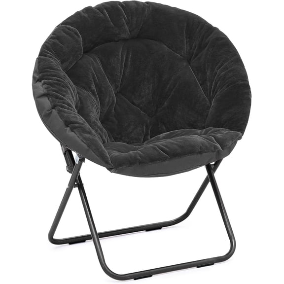 QRKD Comfy Saucer Chair, Folding Round Cozy for Bedroom Living Room, Faux Fur Reading, Foldable Metal Frame Oversized Padded Lazy Moon for Adult, Black
