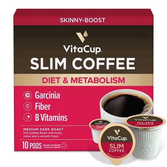 VitaCup Slim Coffee Pods 10 ct, Compatible with Keurig K-Cup Brewers with Ginseng, Garcinia, B Vitamins, Skinny Coffee, Bold Medium Dark Roast, Recyclable Single Serve Pod