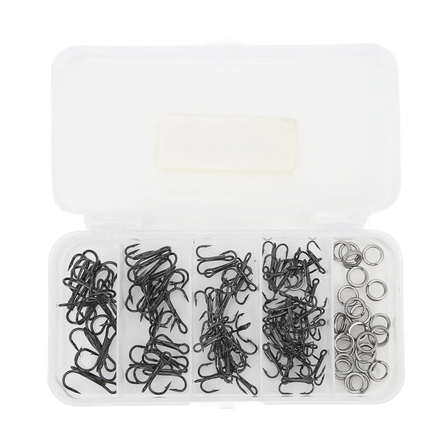 Anzuelos triples de acero con alto contenido de carbono, juego de 100 piezas con anillos dobles y caja de almacenamiento, accesorios de pesca de triple púas
