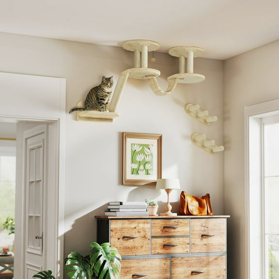 XgoodX 3PCs Cat Wall Shelves w/ Scratching Post, Perches, Ladder, Steps