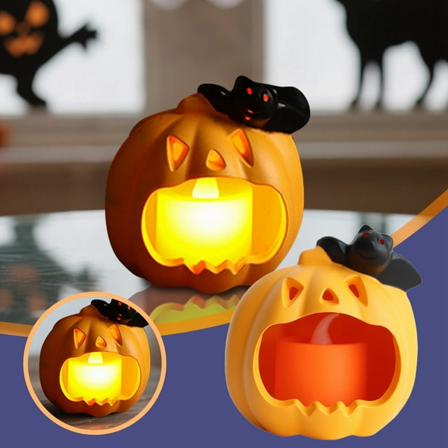 (2 Pack) Halloween Pumpkin LED Light Decorative Desktop Ornament Electronic Candle Lamp for Home Party Festival Lighting