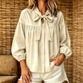 thumbnail image 3 of Lmueinov Long Sleeve Shirts for Women Tie Neck Cotton Linen Lightweight Casual Tops Button Down Shirts for Women Loose Fit Solid Beach Office Blouses, 3 of 5