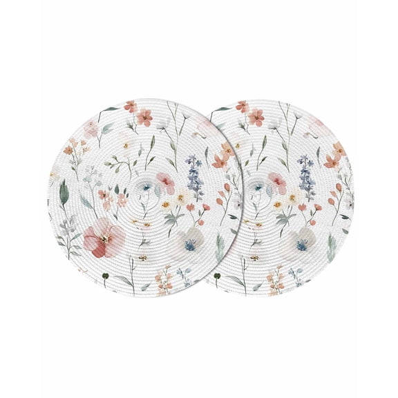 Round Woven Placemats set of 2, Pastel Watercolor Floral Washable&Heat Resistant Plastic Wipeable Placemats for Round Table Rustic Spring Kitchen Dining Table Decor, 15in,