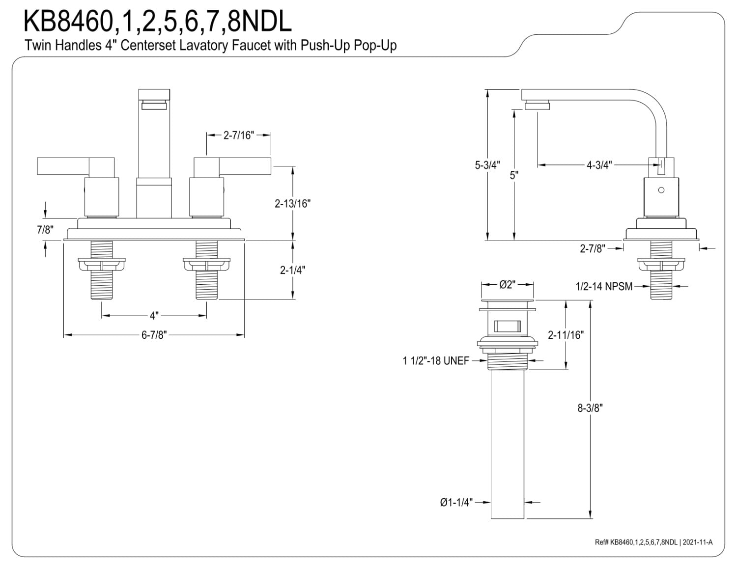 Kingston Brass KB8460NDL NuvoFusion 4 in. Centerset Bathroom Faucet with Push Pop-Up, Matte Black