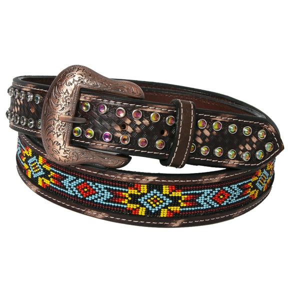 BE BAR H EQUINE Beaded Crystal Basket Tooled Hand Carved Western Leather Men And Women Belt Antique Brown