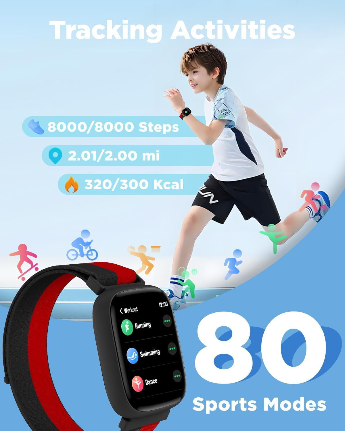 BIGGERFIVE Smart Watch for Kids, 1.8" Fitness Tracker Watch Pedometer, Sleep Monitor, IP68 Waterproof, Calorie Step Counter, Puzzle Game with/Without APP for Girls Teens 5-16,