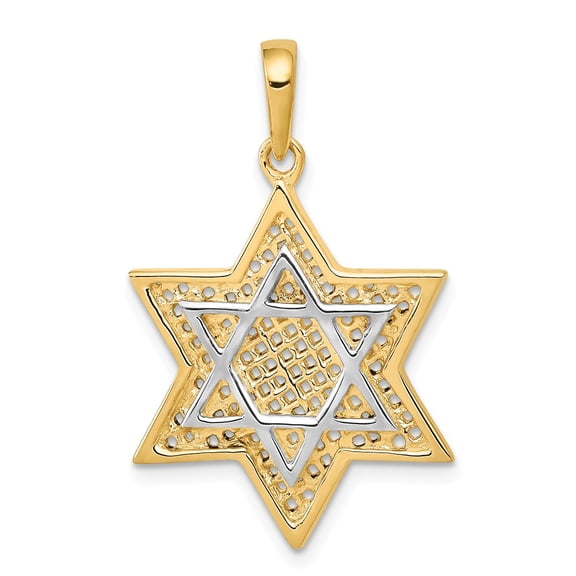 14K Two-Tone Gold Charm Pendant Themed 32 mm 21 & Rhodium Solid Open-Back Meshed Star Of David