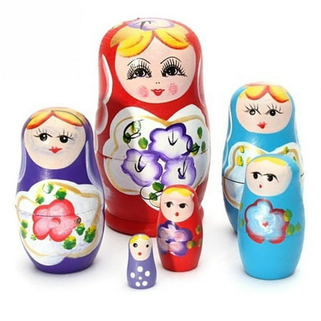 TureClos 5pcs Russian Nesting Wooden Matryoshka Dolls Set Hand Painted Ornament Baby Toy Girl Doll Decor