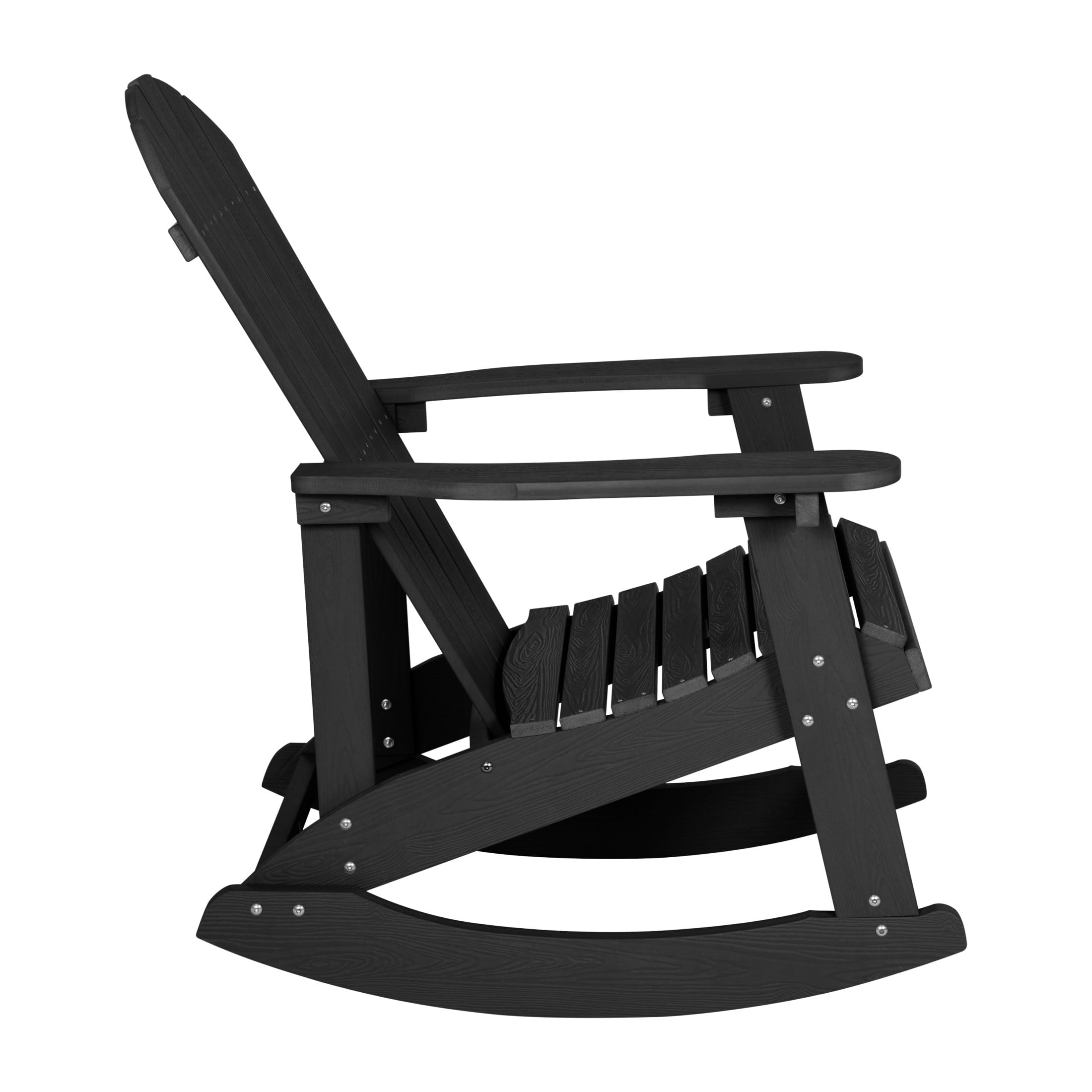 Emma + Oliver Set of 2 Classic All-Weather Poly Resin Rocking Adirondack Chairs in Black with Stainless Steel Hardware for Year Round Use