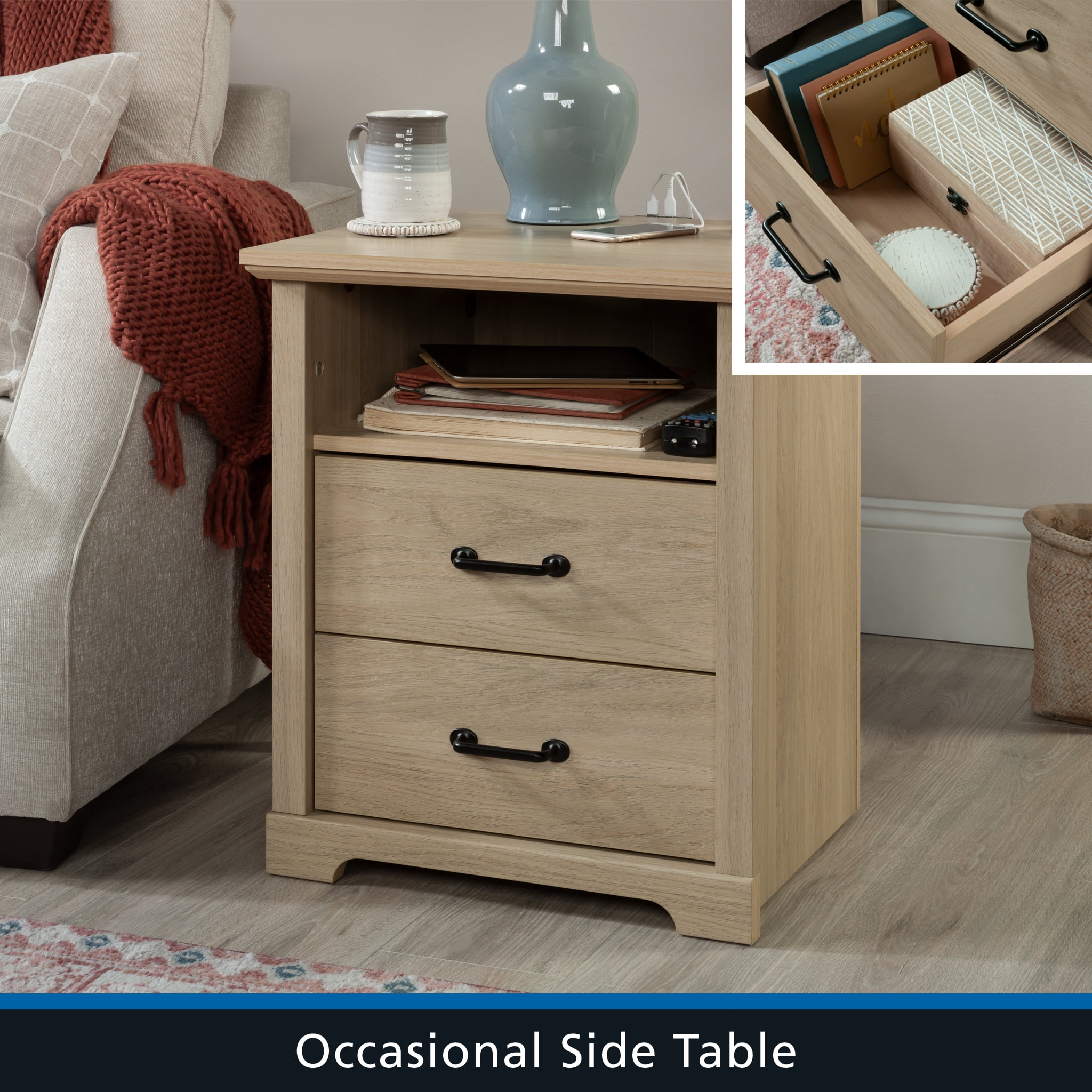 (2 pack) Mainstays Harrington 2 Drawer Nightstand, Washed Oak Finish