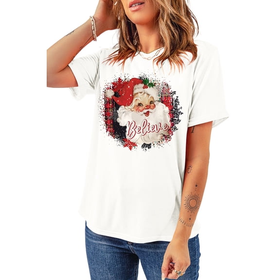 Women's White 'Believe in Father Christmas' Graphic Crewneck T-Shirt - [ZhiHiMeRi] | (US 20-22)2XL