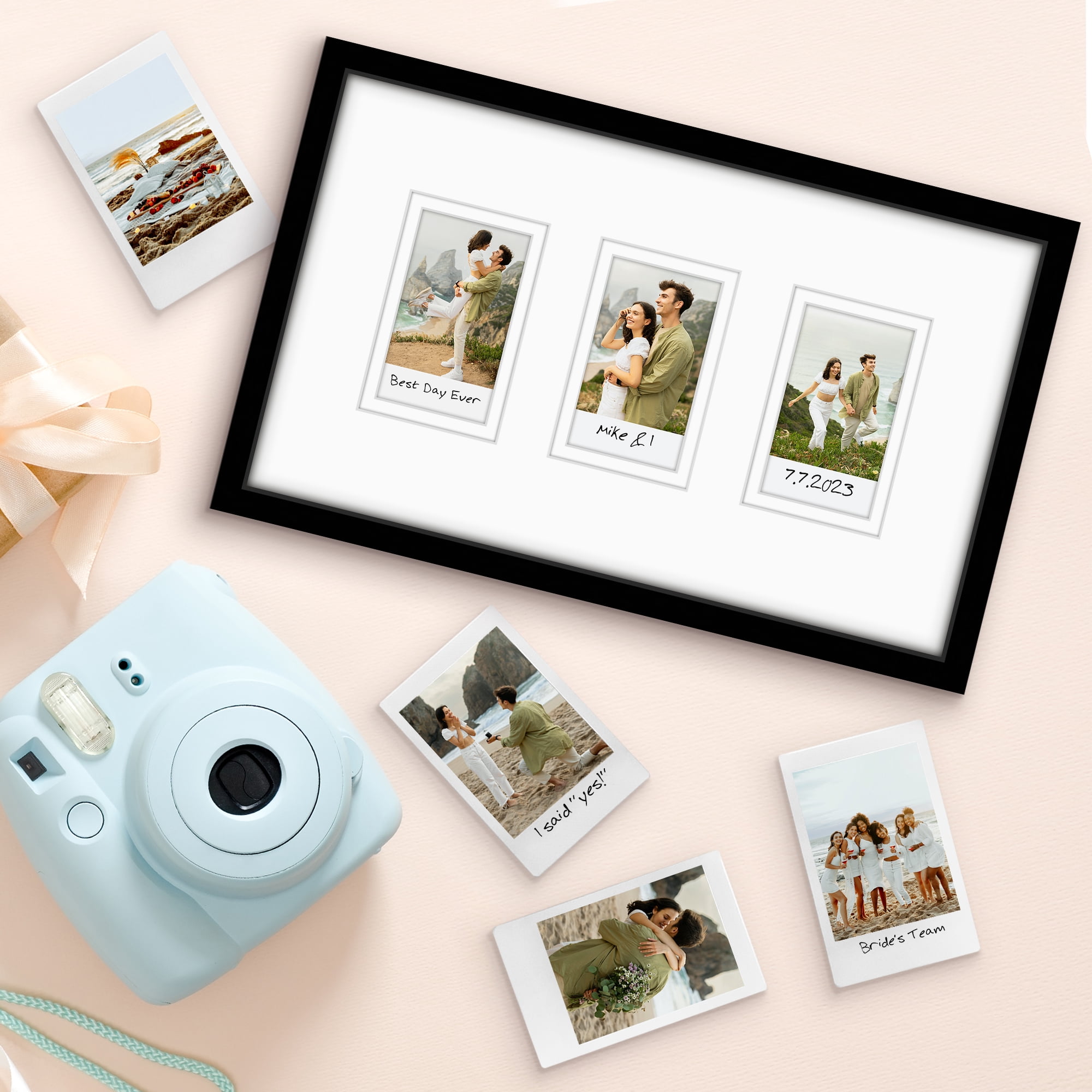 Americanflat Mini Instant Photo Collage Frame with 3 Openings and Double White Mat - Display 2.1x3.4" Photos - Black