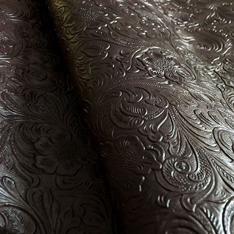140cm Wide Faux Leather Fabric Tooled Floral Chocolate by The Yard