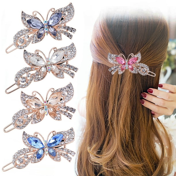Windfall 4PCS Women Luxury Crystal Design Rhinestone French Style Hairpin  Clip,Hair Barettes Butterfly Hair Clips ,Wedding Brides Hair Accessories -  