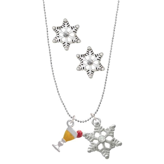 Delight Jewelry Silvertone 3-D Yellow Tropical Drink Silver tone Snowflake Charm Necklace and Stud Earrings