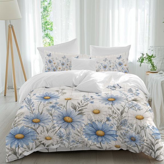 Blue Daisies 4 piece Duvet Cover Set, Comfort Bedding Set Twin Size Include a Duvet Cover, a Bed Sheet, 2 Pillowcase with Zipper for All Season