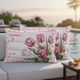 thumbnail image 5 of Romantic Tulips Pillow Covers 2 Pack Rustic Floral Leaf Pink Ribbon Plaid Wood Grain Pillowcase Waterproof Outdoor Throw Pillow Cover for Patio Balcony Rectangular Cushion 20”x12”, 5 of 9