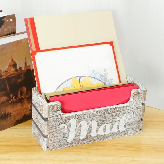 Mail Organizer, Mail Holder with 2 Slots, Mail Basket for Wall Table Countertop, Wood Desk Mail Organizer, Black Envelope Holder for Home Office Decor