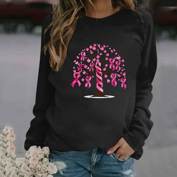 CLOISE Cancer Sweatshirt Women Breast Cancer Awareness Sweatshirt Ribbon Pink Crew Neck Long Sleeve Shirts Cancer Fight Blouses Comfy Pullover Tops in October Clothes Black XL