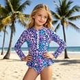thumbnail image 2 of Girls Long Sleeve Rash Guard Swimsuit, Summer Leopard Butterfly Print Zip Front One Piece Bathing Suit, Kids UPF 50+ Swimwear for Beach Pool(Purple,5-6 Years), 2 of 7